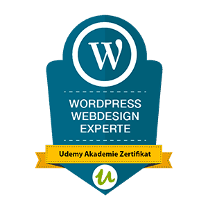 Blaues Abzeichen mit „WordPress Webdesign Experte“ und einem gelben Band mit der Aufschrift „Udemy Akademie Zertifikat“.