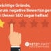 Abbildung einer Hand, die eine Ein-Stern-Bewertung abgibt, mit deutschem Text darüber, wie negative Bewertungen sogar das SEO verbessern und ein effektives Online-Reputationsmanagement unterstützen können.