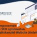 Grafik mit Büroelementen, Text: „8 SEO Komponenten einer optimierten Anwaltskanzlei Website (Anleitung)“.