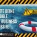 Inmitten der rauen Meereswellen schwimmt ein Rettungsring, auf dem eine deutsche Warnung vor der Löschung von Google My Business-Websites angezeigt wird und der die Benutzer auffordert, nach Alternativen zu suchen.