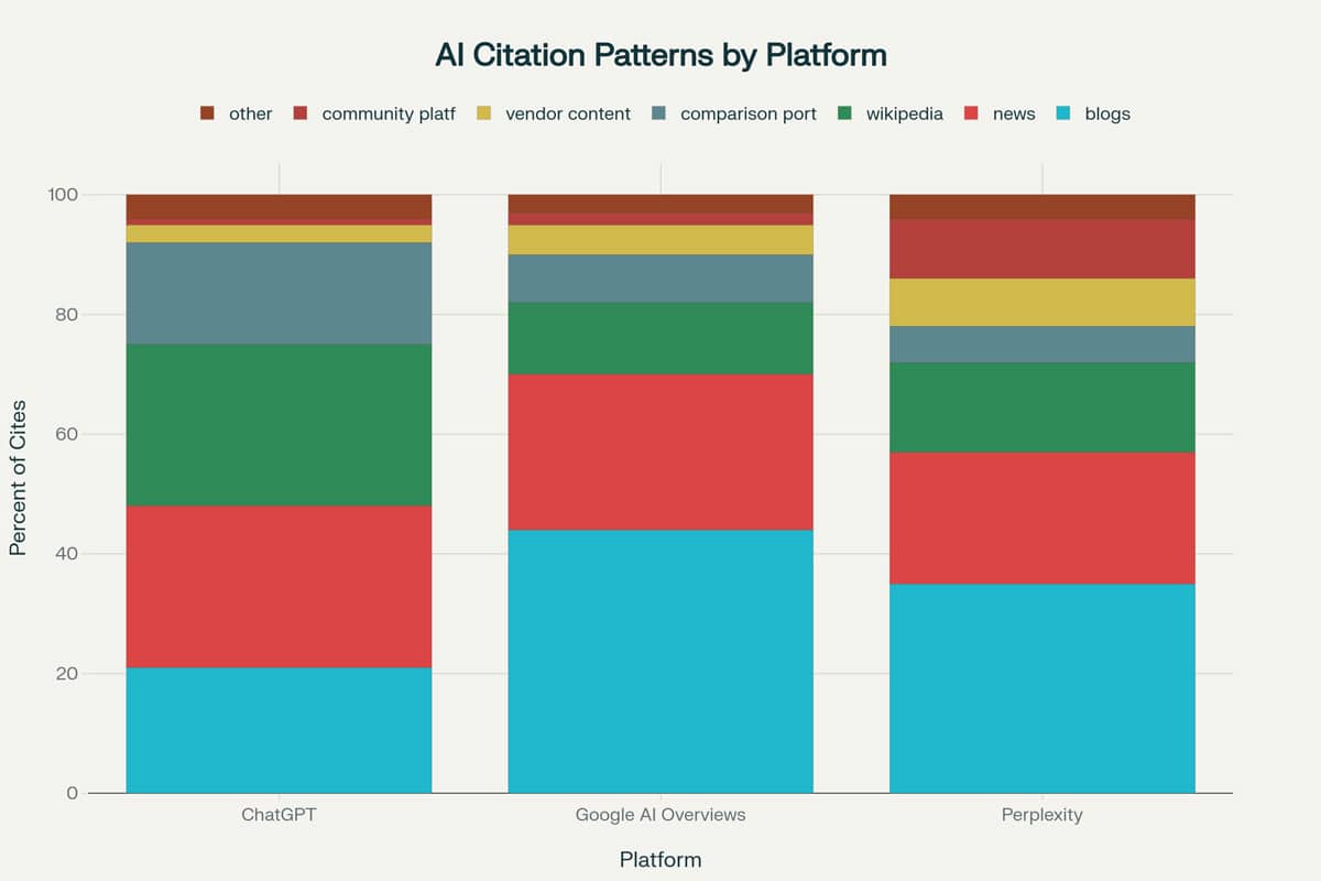 Das gestapelte Balkendiagramm vergleicht KI-Zitierquellen nach Plattform - ChatGPT, Google AI Overviews und Perplexity - und hebt die KI-Trust-Score-Leistung der einzelnen Marken hervor.