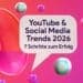 Ein Megaphon mit einer Sprechblase, auf der steht: YouTube & Social Media Trends 2026, 7 Schritte zum Erfolg-ideal für alle, die Content Creator Strategien und aktuelle Social Media Trends 2026 verstehen möchten.