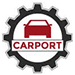 Rotes Auto-Symbol über dem Wort CARPORT innerhalb eines schwarzen zahnradförmigen Rahmens auf weißem Hintergrund, ideal für eine Webdesign Agentur Buchholz in der Nordheide, die ein starkes Automotive Branding sucht.