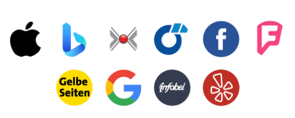 netzpunkte-logos-branchenbuch-verzeichnisse Zehn farbenfrohe Unternehmenslogos, darunter Apple, Bing, Facebook, Google, Yelp und andere, auf hellem Hintergrund - perfekt für die Darstellung von Zitaten oder lokalen Einträgen in jedem Unternehmensverzeichnis.