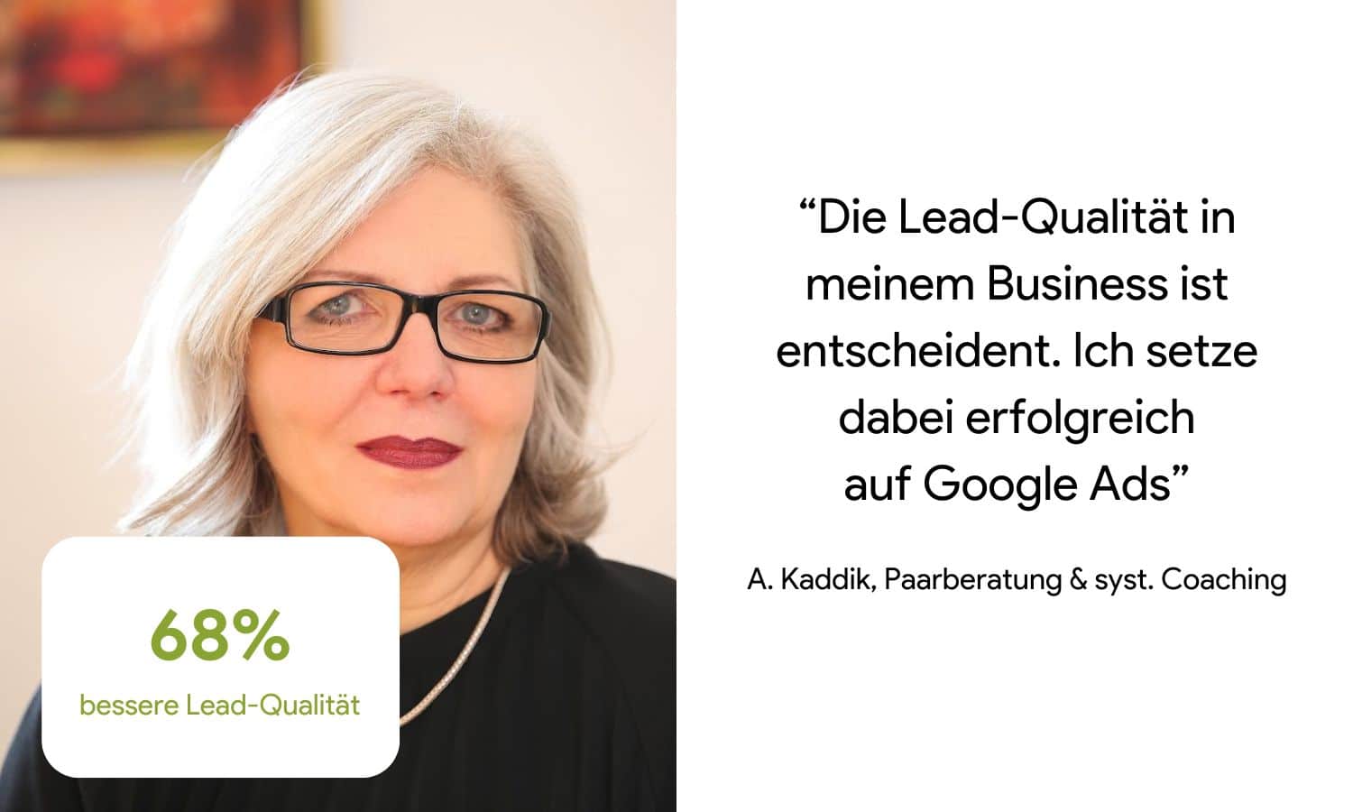 Eine Frau mit grauem Haar und Brille lächelt; der deutsche Text befasst sich mit der Lead-Qualität und der Rolle der Google Ads Agentur Hamburg für den Erfolg von Google Ads.